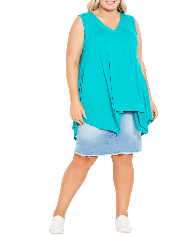 Front of a model wearing a size 14 Harper V-Neck Swing Tank Top in Turquoise by avenue. | dia_product_style_image_id:214078
